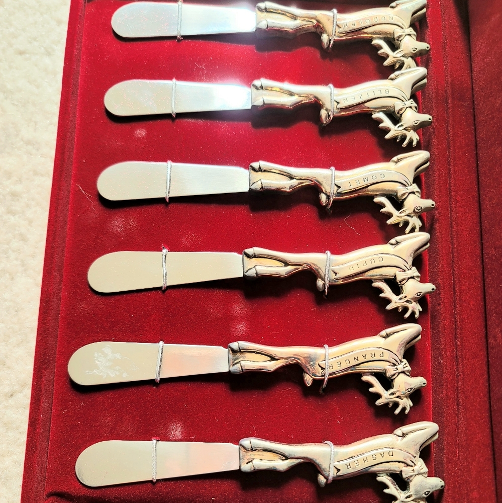 Set of 6 Vintage Nordstorm Reindeer Butter Cheese Spreaders Silver-Plated Knives